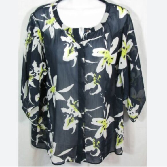 Brand New CLUB MONACO Sheer Textured Navy Floral Print Kimono Sleeve Blouse - Picture 9 of 9